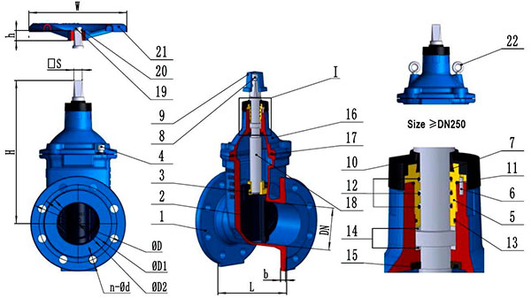 Состав фланцевой задвижки клиновой F4 GGG DUCTILE IRON VALVE